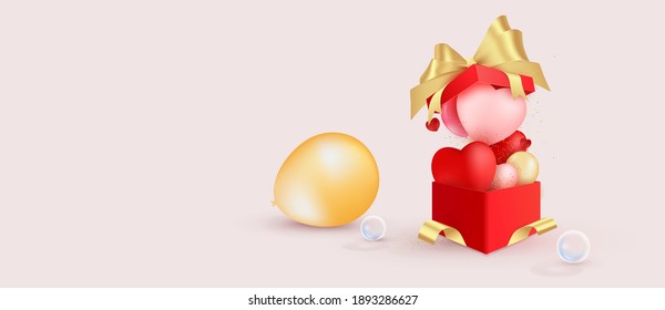 Valentine's day design. Realistic red gifts boxes. Open gift box full of decorative festive object. Holiday banner, web poster, flyer, stylish brochure, greeting card, cover. Romantic background