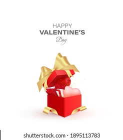 Valentine's day design. Realistic red gifts boxes. Open gift box full of decorative festive object. Holiday banner, web poster, flyer, stylish brochure, greeting card, cover. Romantic background