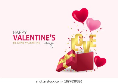 Valentine's day design. Realistic red gifts boxes. Open gift box full of decorative festive object. Holiday banner, web poster, flyer, stylish brochure, greeting card, cover. Romantic background