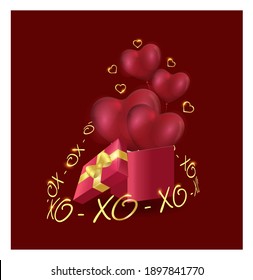 Valentine's day design. Realistic red gifts boxes. Open gift box full of decorative festive object. Holiday banner, web poster, flyer, stylish brochure, greeting card, cover. Romantic background