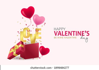 Diseño del día de San Valentín. Cajas de regalos rojos realistas. Abrir caja de regalo llena de objetos decorativos festivos. Banner de vacaciones, afiche web, volante, folleto elegante, tarjeta de saludo, portada. Antecedentes románticos