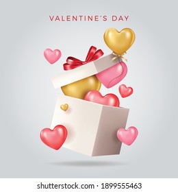 Valentine's day design. Realistic red gifts boxes. Open gift box full of decorative festive object. Holiday banner, web poster, flyer, stylish brochure, greeting card, cover. Romantic background