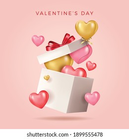 Valentine's day design. Realistic red gifts boxes. Open gift box full of decorative festive object. Holiday banner, web poster, flyer, stylish brochure, greeting card, cover. Romantic background
