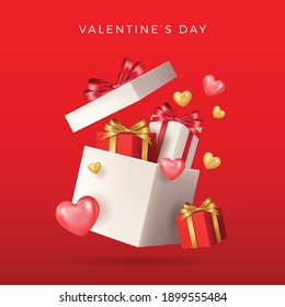 Valentine's day design. Realistic red gifts boxes. Open gift box full of decorative festive object. Holiday banner, web poster, flyer, stylish brochure, greeting card, cover. Romantic background