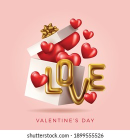 Valentine's day design. Realistic red gifts boxes. Open gift box full of decorative festive object. Holiday banner, web poster, flyer, stylish brochure, greeting card, cover. Romantic background