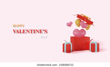 Valentine's Day design realistic red gift box open gift box filled with festive decoration objects holiday banners,modern brochures.Romantic background.Background for Birthday,Sale,Wedding Web Banner