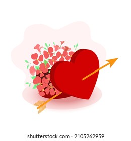Valentine's day design. Realistic red gifts box, heart shape with arrow. Open gift box full of flowers. Holiday banner, web poster, flyer, stylish brochure, greeting card, cover. Romantic background