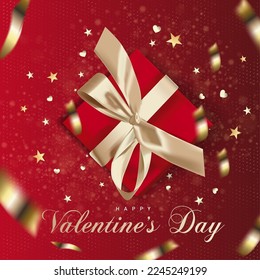 Valentine's day design. Realistic red and black gift boxes on a red background with golden confetti and stars. Holiday banner, web poster, flyer, stylish brochure, greeting card, cover.