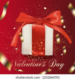 Valentine's day design. Realistic red and black gift boxes on a red background with golden confetti and stars. Holiday banner, web poster, flyer, stylish brochure, greeting card, cover. 