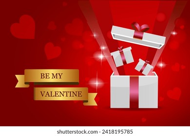Valentine's day design. Realistic red gifts boxes. Open gift box full of decorative festive object. Holiday banner, web poster, stylish brochure, greeting card, cover. Romantic background
