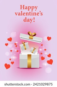 Valentine's day design. Realistic red gifts boxes. Open gift box full of decorative festive object. Holiday banner, web poster, stylish brochure, greeting card, cover. Romantic background
