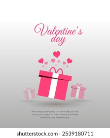 Diseño de San Valentín. Cajas de regalos rojas realistas. Caja de regalo abierta llena de objeto festivo decorativo. Anuncio de Festiva, cartel de Web, folleto, folleto con estilo, tarjeta de felicitación, cubierta. Fondo romántico