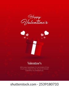 Diseño de San Valentín. Cajas de regalos rojas realistas. Caja de regalo abierta llena de objeto festivo decorativo. Anuncio de Festiva, cartel de Web, folleto, folleto con estilo, tarjeta de felicitación, cubierta. Fondo romántico