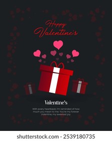 Diseño de San Valentín. Cajas de regalos rojas realistas. Caja de regalo abierta llena de objeto festivo decorativo. Anuncio de Festiva, cartel de Web, folleto, folleto con estilo, tarjeta de felicitación, cubierta. Fondo romántico