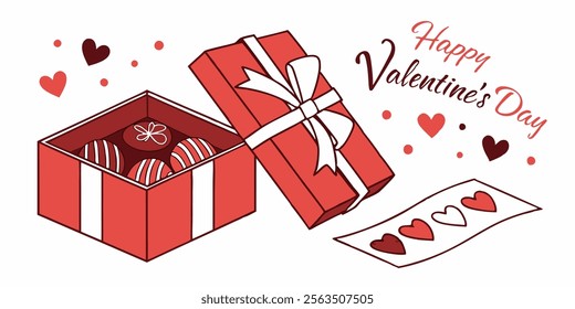 Valentine's day design. Realistic red gifts boxes. Open gift box full of decorative festive object. Holiday banner, web poster, flyer, stylish brochure, greeting card, cover. illustration vector