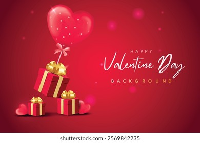 Valentine's day design. Realistic red pink gifts boxes. Open gift box full of decorative festive object. Holiday banner, web poster, flyer, stylish brochure, greeting card, cover. Romantic background