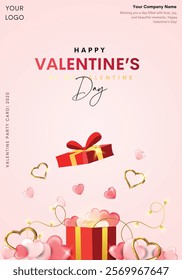 Valentine's day design. Realistic red pink gifts boxes. Open gift box full of decorative festive object. Holiday banner, web poster, flyer, stylish brochure, greeting card, cover. Romantic party card.