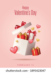 Valentine's day design. Realistic white gifts boxes. Open gift box full of decorative festive object. Holiday banner, web poster, flyer, stylish brochure, greeting card, cover. Romantic background