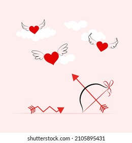 Valentine's day design. Red hearts with wings, cupid arrow. Holiday banner, web poster, flyer, stylish brochure, greeting card, cover. Romantic background. Vector illustration