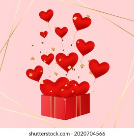 Valentine's day design with red heart-shaped baloons flying out of big box on pink background. Realistic red gifts box. Gift box full of decorative festive object. Flat cartoon vector illustration