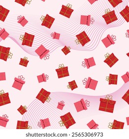 Valentine's day design. red and pink gifts boxes and wave line. seamless pattern suit for web poster, flyer, stylish brochure, greeting card, cover. Romantic background