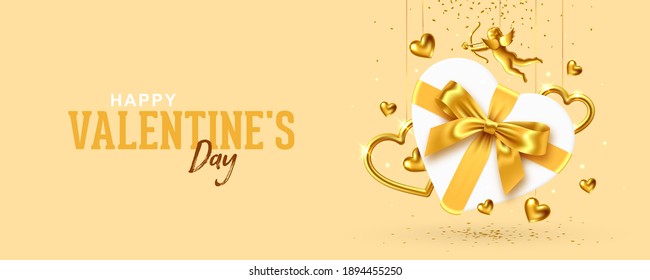 Valentine's Day design. Romantic background with composition of gift box in the shape of heart with gold bow, gold aiming Cupid and gold hanging hearts, vector illustration