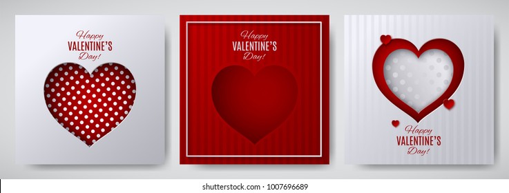 Valentine's day design set. Greeting card, poster, banner collection. Cutted paper heart on white / red striped / dotted satin background, paper cut out art style. Vector illustration, layers isolated