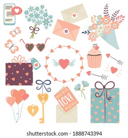 Valentines Day Design Set with hand drawn elements. Collection of cute vector illustrations for greetings cards, giftware.