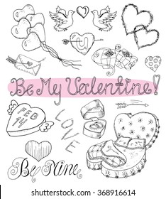 Valentine's Day design set with hearts, letters, bed, text, balloons and gifts. Line art doodle illustration with hand drawn black and white elements. Holiday collection