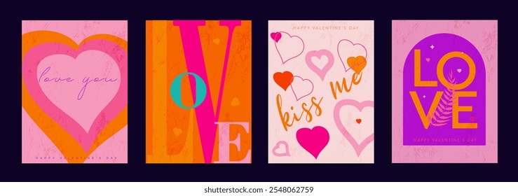 Valentine's Day Design Set. Modern Creative Art with Hearts and Love Typography for Advertising, Web, Social Media, Posters, Banners, Covers. Geometric Background in Pink, Orange, and Purple Colors