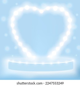 Valentine's day design. Stage podium decorated with heart shape lighting. Pedestal scene with for product, advertising, show, on snowy background. Backdrop of love. Vector illustration.