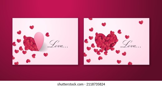 Valentine's day design template. 3d red paper hearts with romantic design.