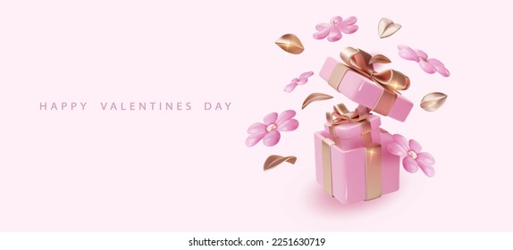 Valentine's day design template about 14 February. Realistic rose flower and boxes. Romantic background