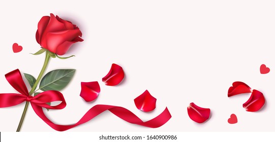 Valentines day design template. Background with red rose, petals and heart confetti. Vector illustration