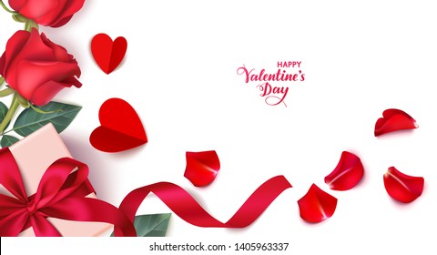 Valentine's day design template. Banner with gift box, red rose and decorative heart. Vector illustration
