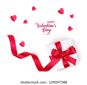 Valentine's day design template. Decorative gift box wirh red bow and long ribbon and paper hearts isolated on white background. Vector illustration