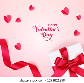 Valentine's day design template. Decorative gift box wirh red bow and long ribbon and paper hearts on pink background. Vector illustration