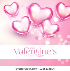 Valentine's Day Design Template with Glossy Heart Balloons and Blur Background.Vector illustration