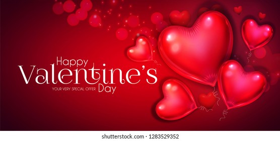 Valentine's Day Design Template with Glossy Heart Balloons and Blur Background.Vector illustration