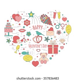 Valentine's day design template. Graphic elements with hearts, arrows, champagne, gifts, flowers, bird, diamonds. Vector illustration