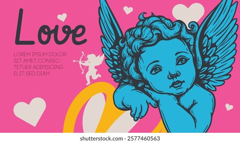 Valentines day design template with hand drawn cherub, amur or cupid. Vivid vibrant colors banner, poster, greeting card. Vector illustration.