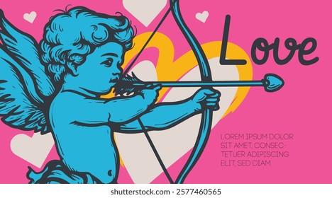 Valentines day design template with hand drawn cherub, amur or cupid. Vivid vibrant colors banner, poster, greeting card. Vector illustration.