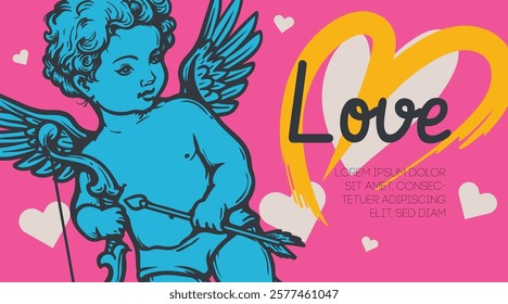 Valentines day design template with hand drawn cherub, amur or cupid. Vivid vibrant colors banner, poster, greeting card. Vector illustration.