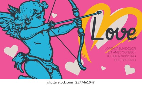 Valentines day design template with hand drawn cherub, amur or cupid. Vivid vibrant colors banner, poster, greeting card. Vector illustration.