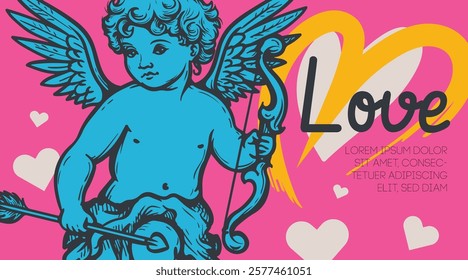 Valentines day design template with hand drawn cherub, amur or cupid. Vivid vibrant colors banner, poster, greeting card. Vector illustration.