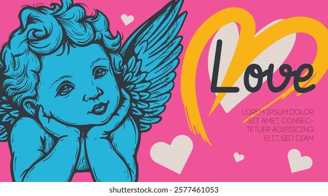 Valentines day design template with hand drawn cherub, amur or cupid. Vivid vibrant colors banner, poster, greeting card. Vector illustration.