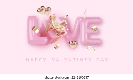 Valentine's day design template with hearts. Love concept with rose and gold hearts. Valentines vector banner background