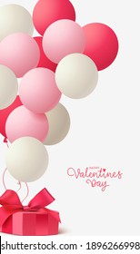 Valentines day design template. Light gray background with red, pink and white balloon and red gift box. Happy Valentines Day calligraphic lettering. Vector illustration.	