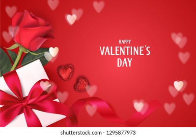 Valentine's day design template. Red background with gift box, red rose and decorative hearts. Vector illustration