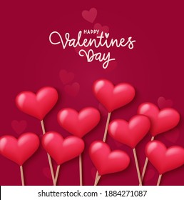 Valentines day design template. Red background with red heart lollipop. Happy Valentines Day calligraphic lettering text. Vector illustration